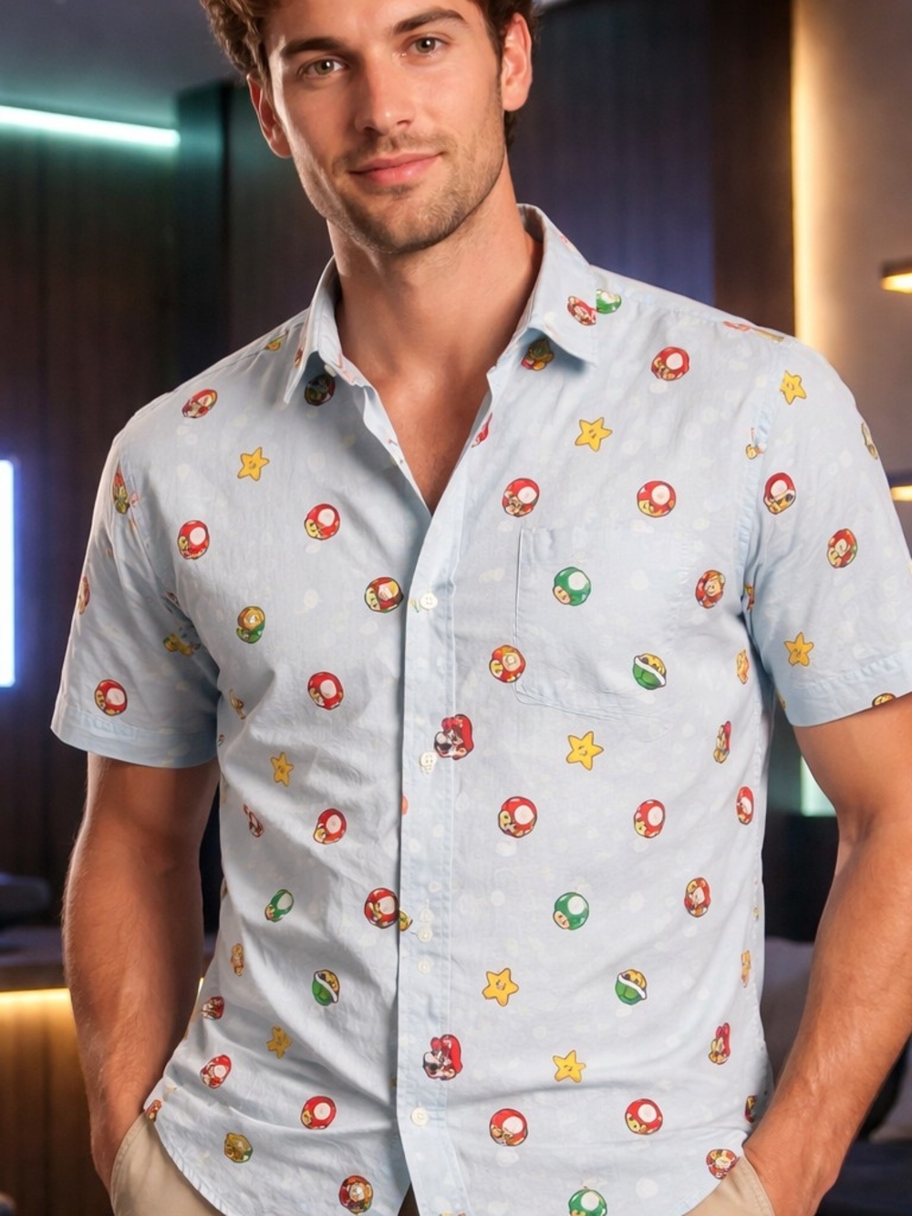 Oppo Light Blue Short-Sleeve Button-Down with Colorful Game Print